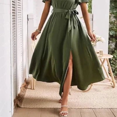 Solid Round Neck Belt Side Open Dress - 260 Broadway Boutique