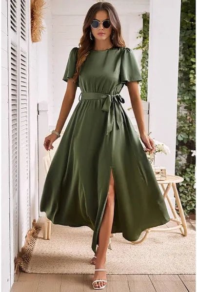 Solid Round Neck Belt Side Open Dress - 260 Broadway Boutique