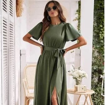 Solid Round Neck Belt Side Open Dress - 260 Broadway Boutique