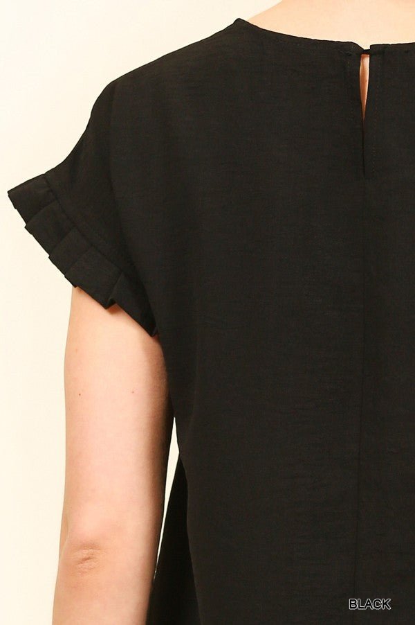 Solid Textured and Pleated Detail Sleeve Top with Back Keyhole - 260 Broadway Boutique