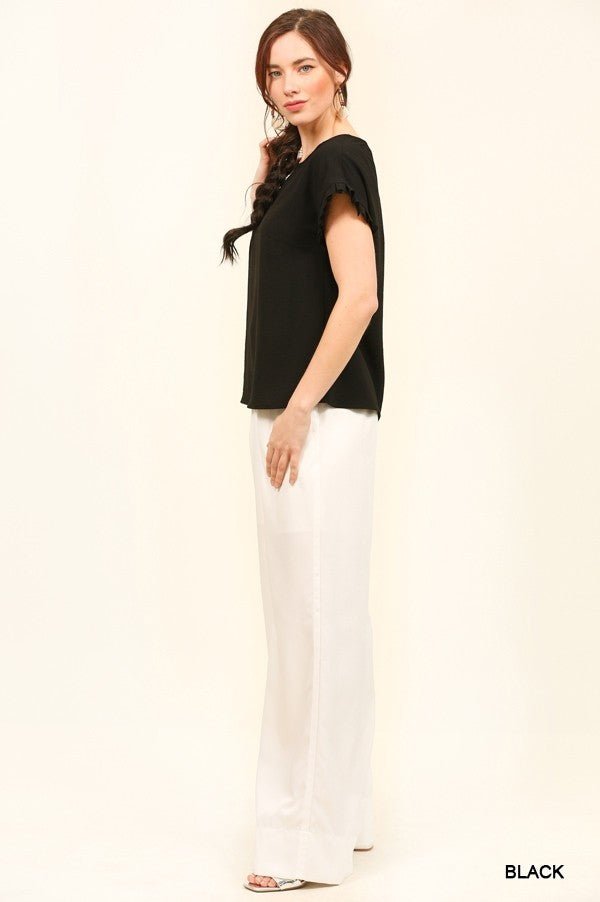 Solid Textured and Pleated Detail Sleeve Top with Back Keyhole - 260 Broadway Boutique