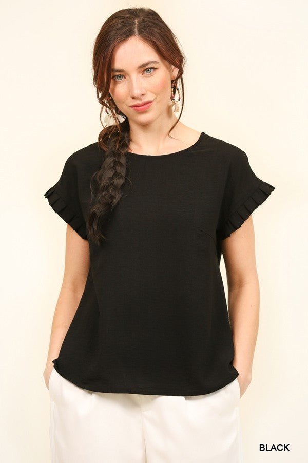 Solid Textured and Pleated Detail Sleeve Top with Back Keyhole - 260 Broadway Boutique