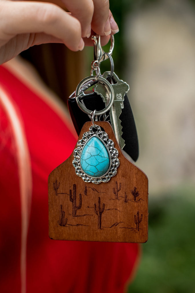 Standing Cactus Printed Cork Cow Tag Keychain W Turquoise Stone - 260 Broadway Boutique