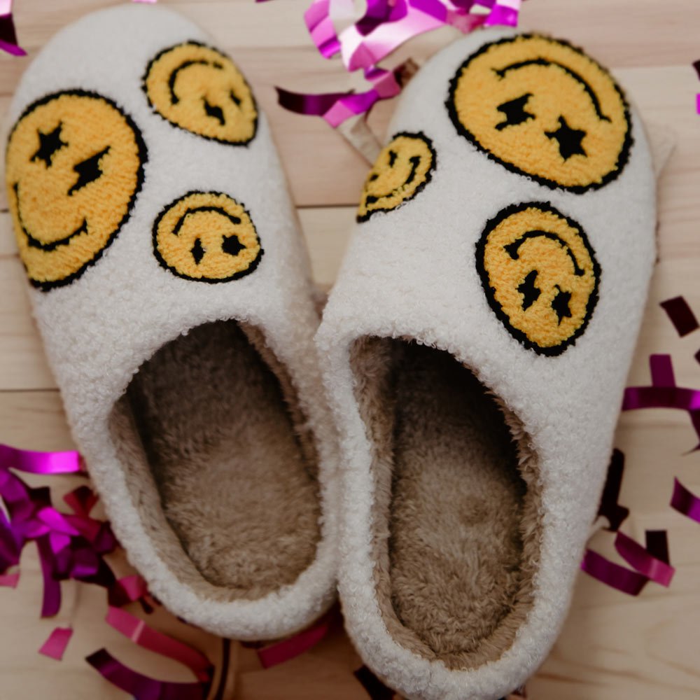 Star and Lightning Eyes Happy Faces Fuzzy Slippers - 260 Broadway Boutique