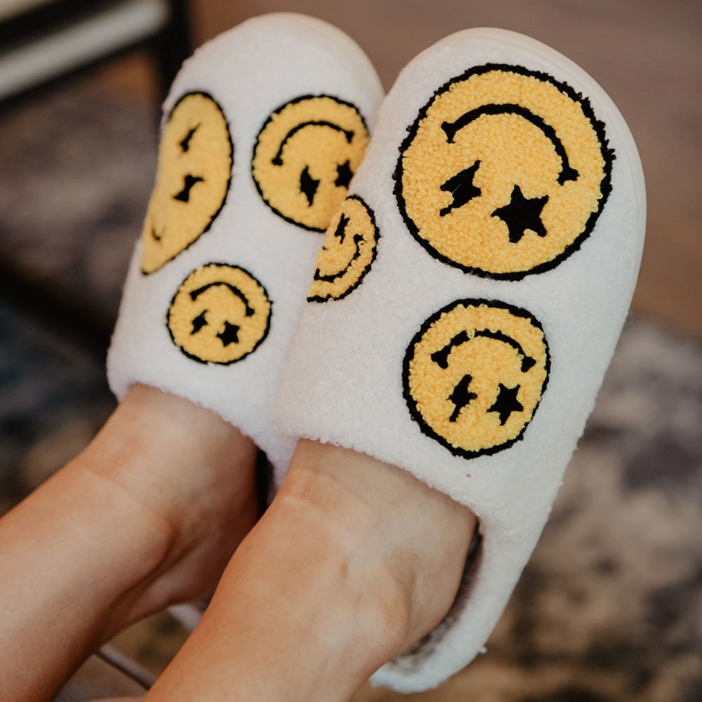 Star and Lightning Eyes Happy Faces Fuzzy Slippers - 260 Broadway Boutique