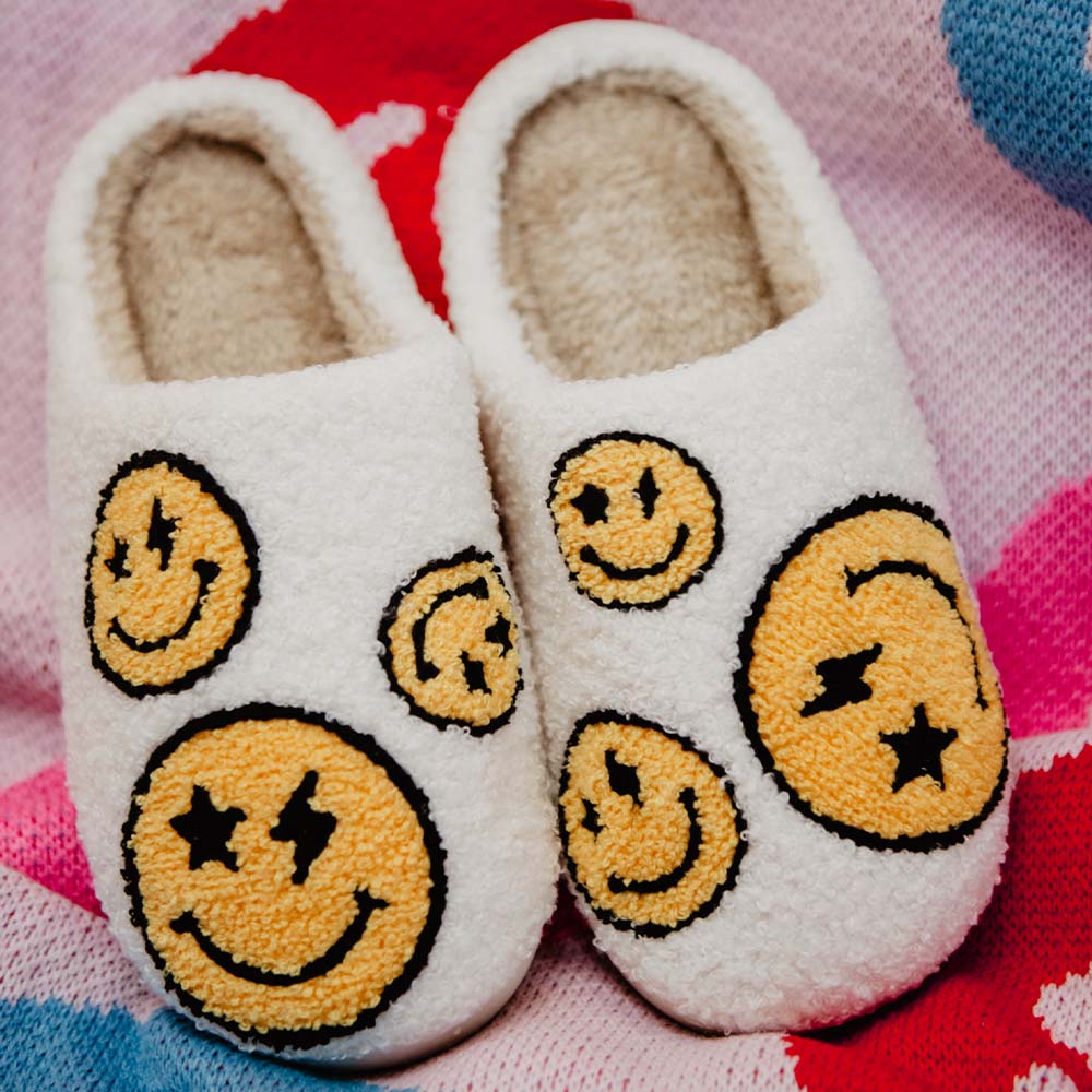 Star and Lightning Eyes Happy Faces Fuzzy Slippers - 260 Broadway Boutique