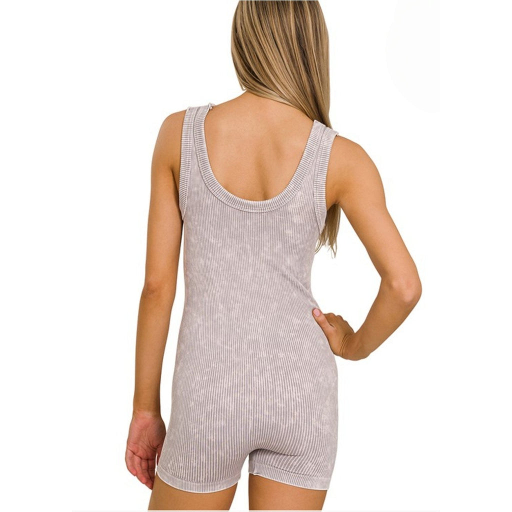 Stone Washed Ribbed Seamless Sports Romper - 260 Broadway Boutique