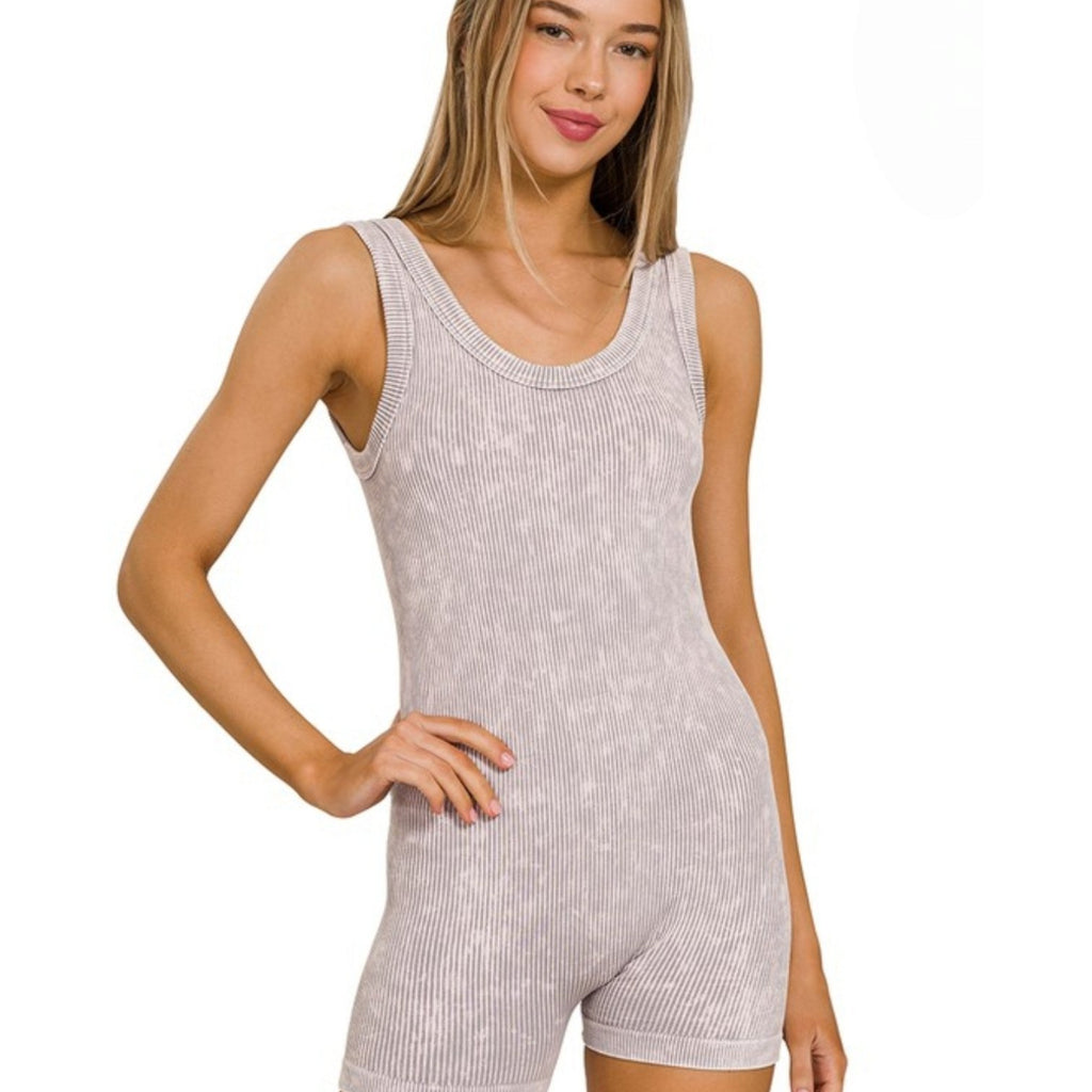 Stone Washed Ribbed Seamless Sports Romper - 260 Broadway Boutique