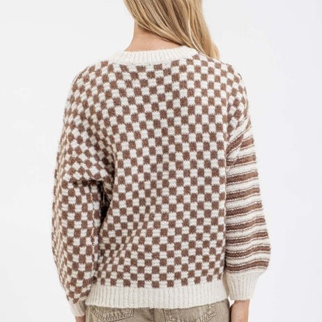 Stripe and Checkered Crewneck Knit Sweater - 260 Broadway Boutique