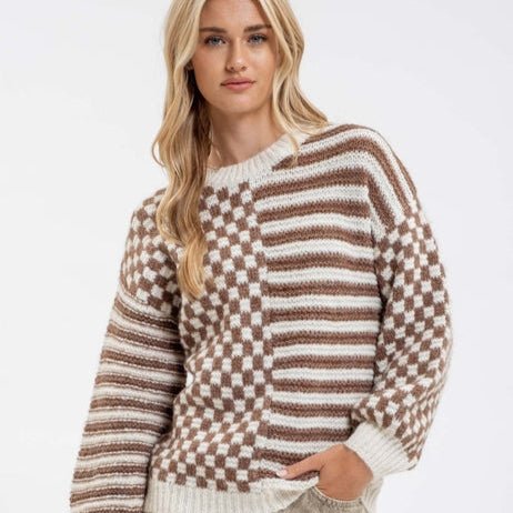 Stripe and Checkered Crewneck Knit Sweater - 260 Broadway Boutique