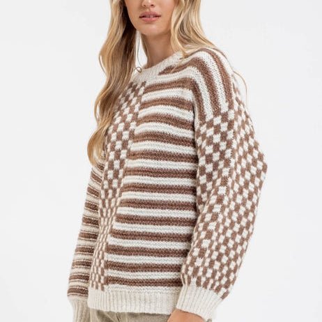 Stripe and Checkered Crewneck Knit Sweater - 260 Broadway Boutique