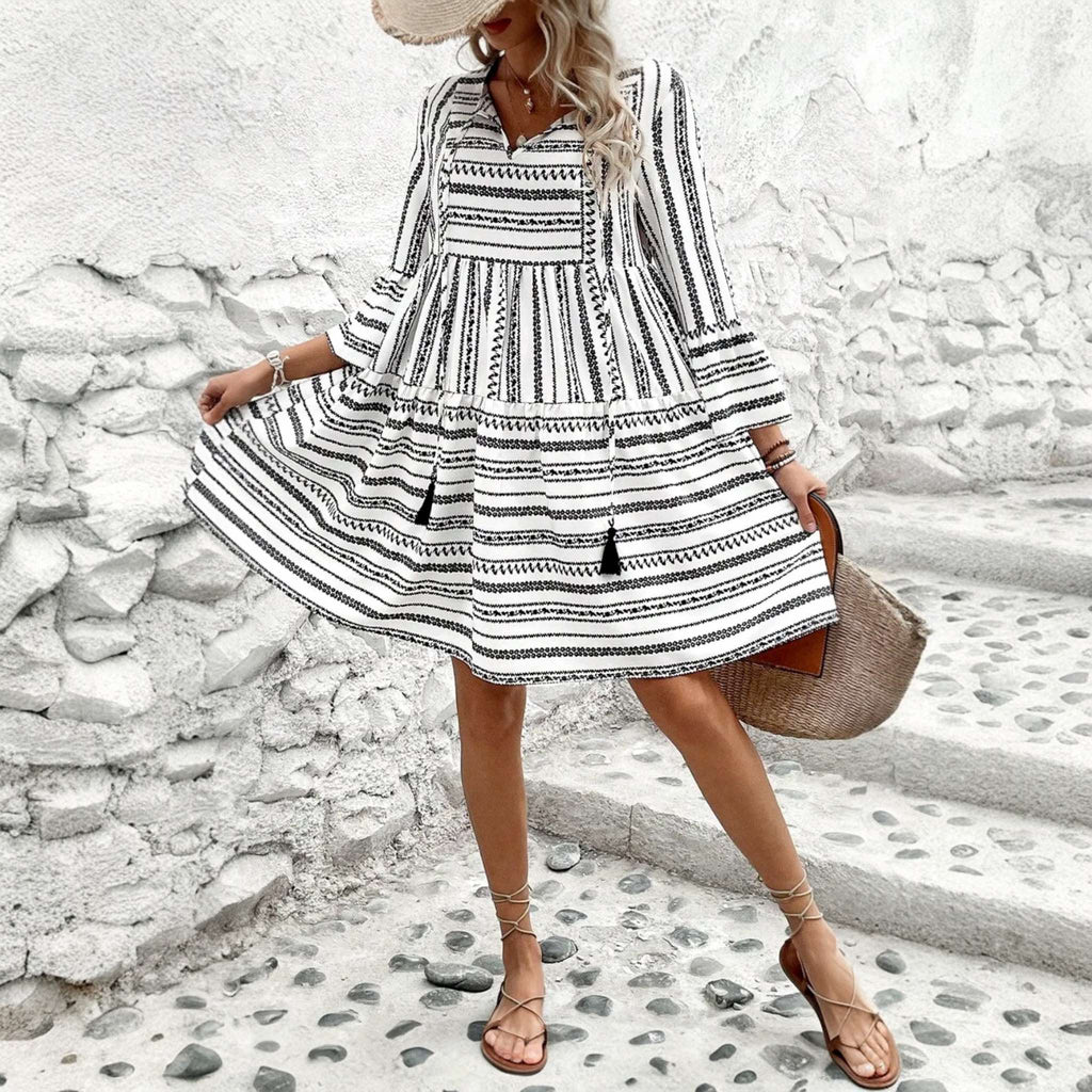 Stripe Bell Sleeve Mini Dress - 260 Broadway Boutique