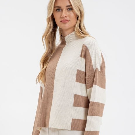 Stripe Colorblock Mock Neck Knit Sweater - 260 Broadway Boutique