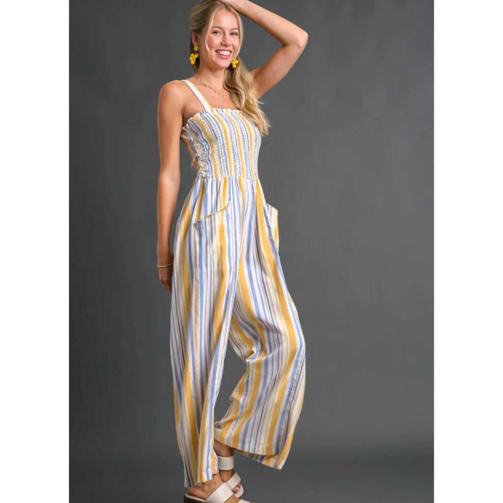 Stripe Smocked Jumpsuit with Side Pockets - 260 Broadway Boutique