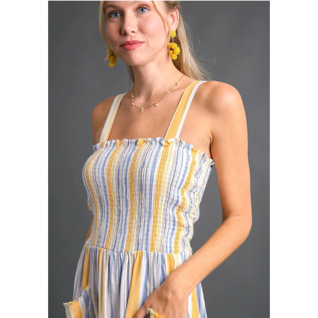 Stripe Smocked Jumpsuit with Side Pockets - 260 Broadway Boutique