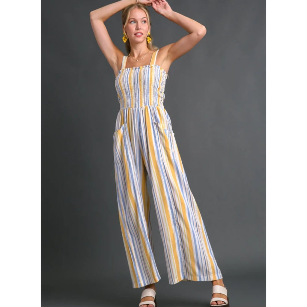 Stripe Smocked Jumpsuit with Side Pockets - 260 Broadway Boutique