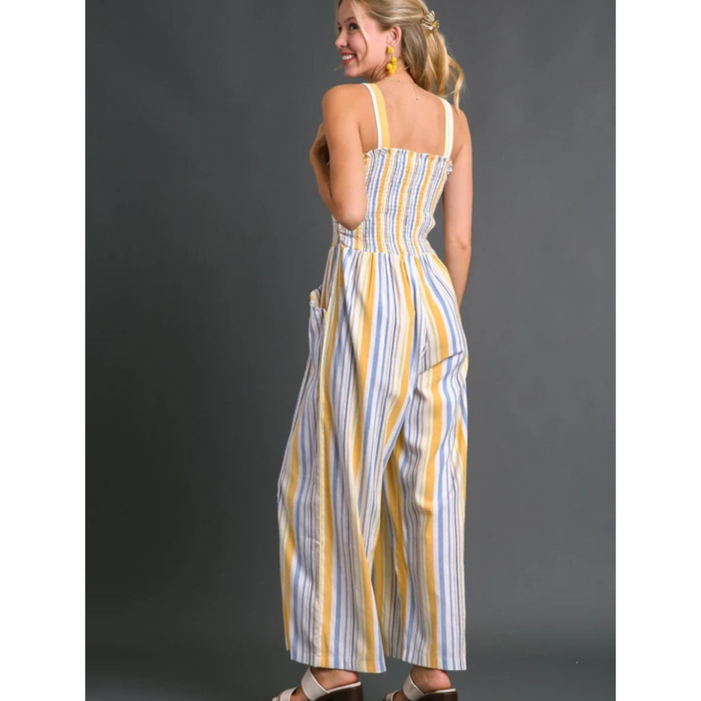 Stripe Smocked Jumpsuit with Side Pockets - 260 Broadway Boutique