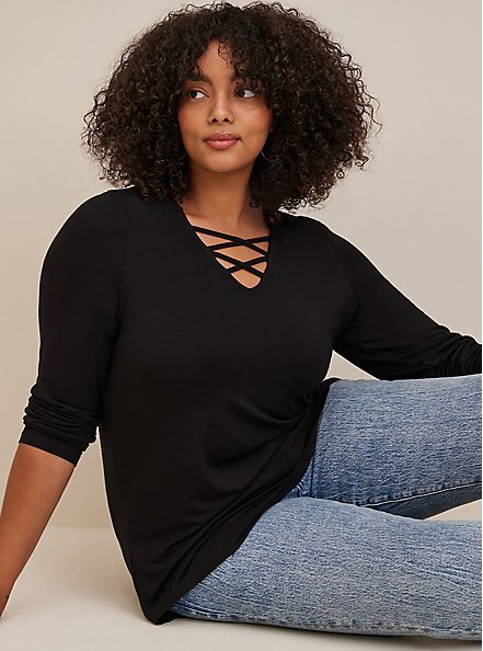 Super Soft V - Neck CrissCross Top (Black or Red) - 260 Broadway Boutique