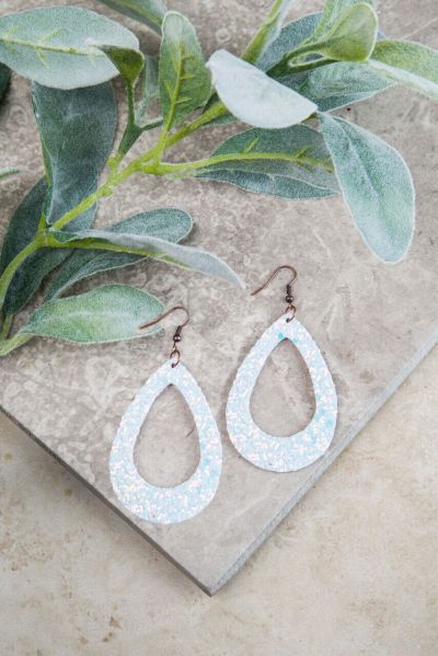 Teardrop Cutout Glitter Earrings, Iridescent White Glitter - 260 Broadway Boutique