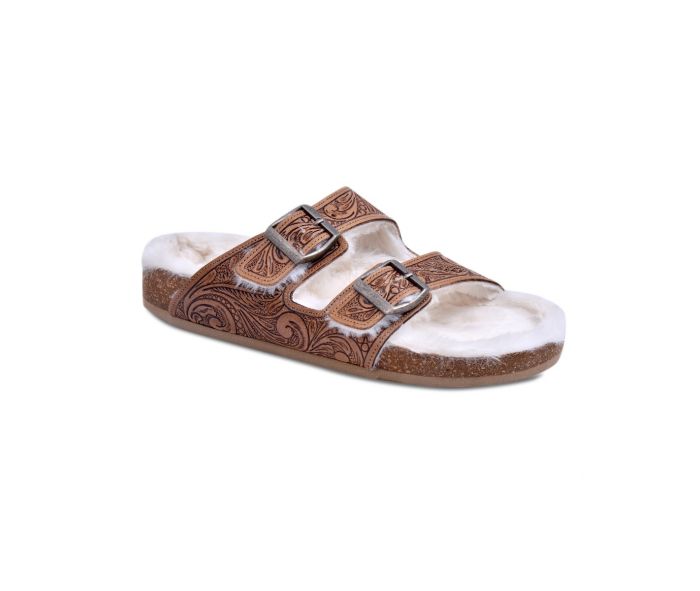 Trail Winder Hand - tooled Fur Comfort Leather Sandals - 260 Broadway Boutique