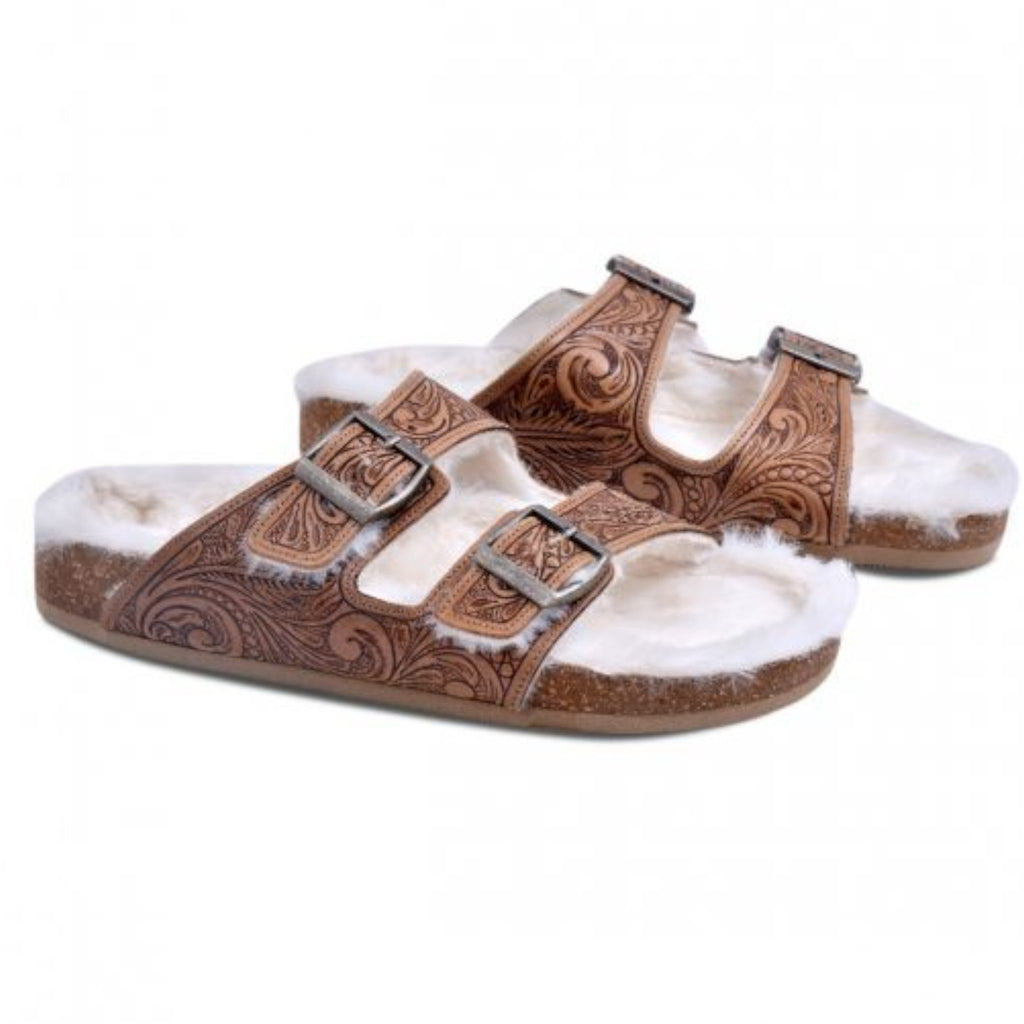 Trail Winder Hand - tooled Fur Comfort Leather Sandals - 260 Broadway Boutique