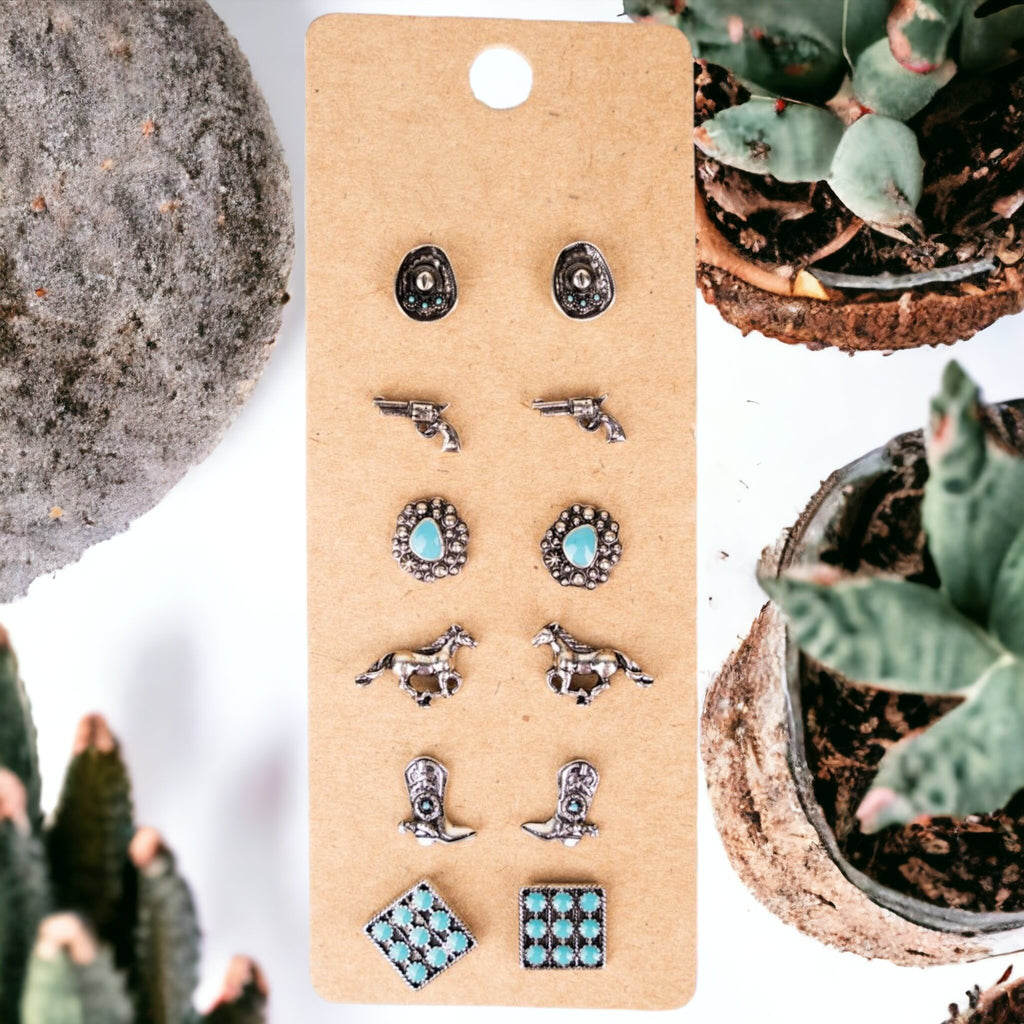 Turquoise Annie Oakley Stud Earrings 6 Pair Set - 260 Broadway Boutique