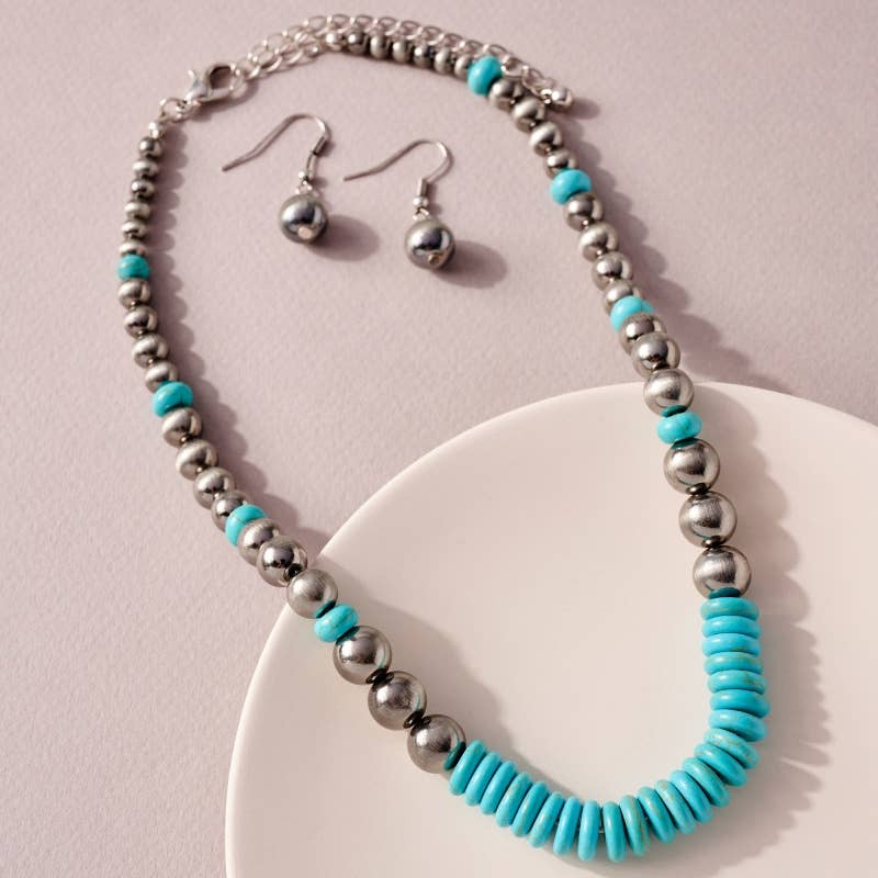 Turquoise Western Metallic Pearl Choker Necklace SET - 260 Broadway Boutique