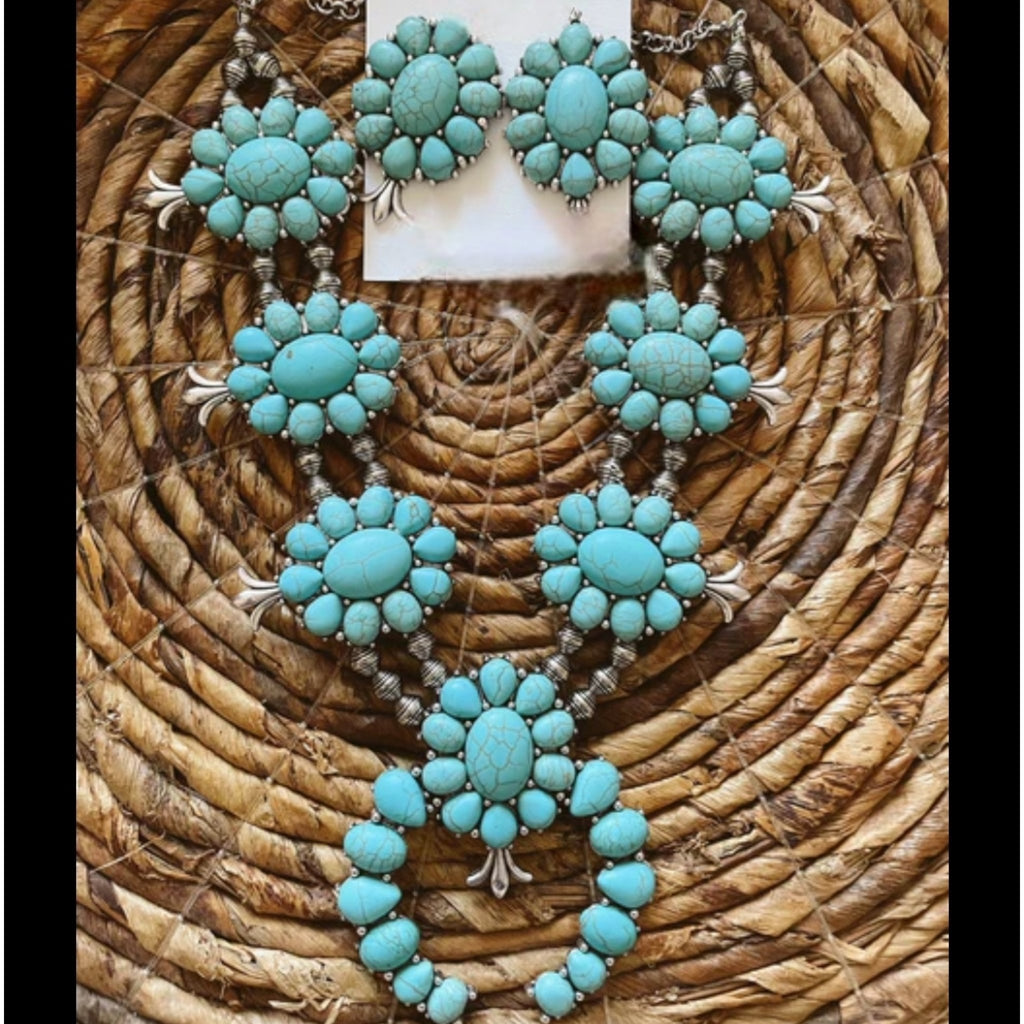 Turquoise/Silvertone Squash Blossom Necklace & Earring Set - 260 Broadway Boutique