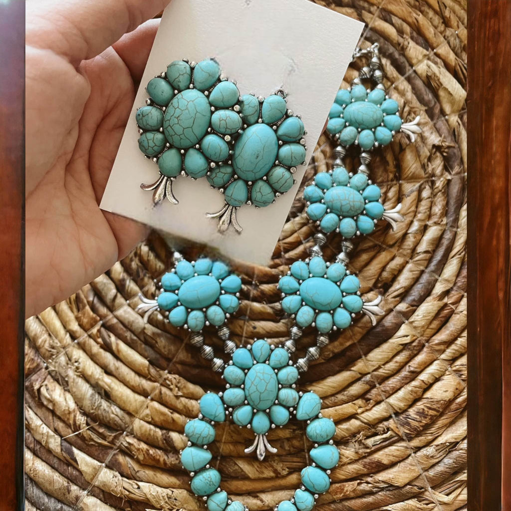 Turquoise/Silvertone Squash Blossom Necklace & Earring Set - 260 Broadway Boutique