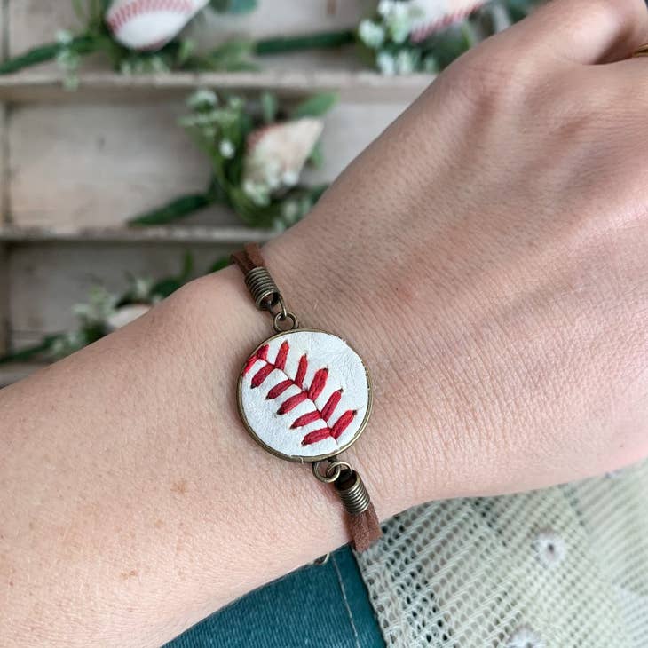 Upcycled Baseball/Softball Bracelet with Heart Charm - 260 Broadway Boutique