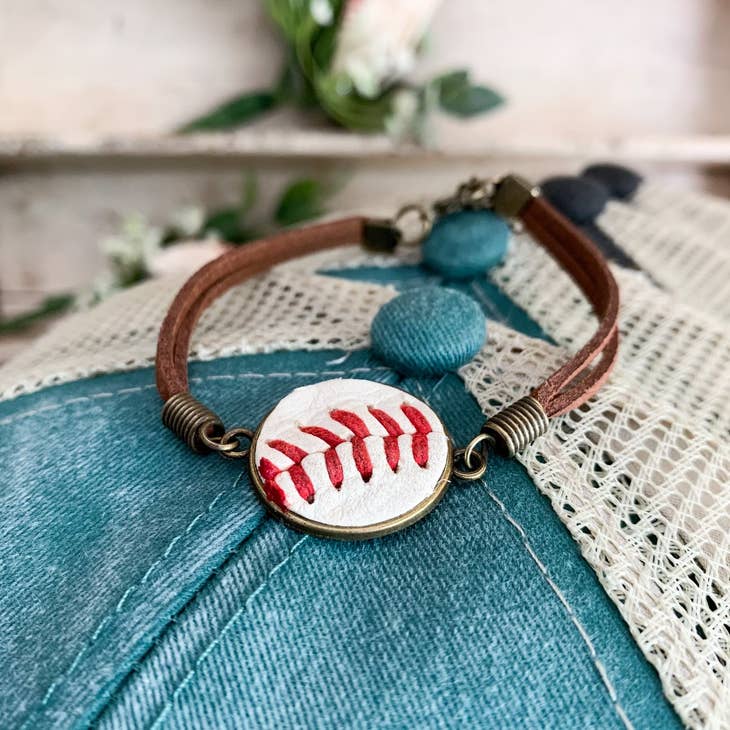 Upcycled Baseball/Softball Bracelet with Heart Charm - 260 Broadway Boutique