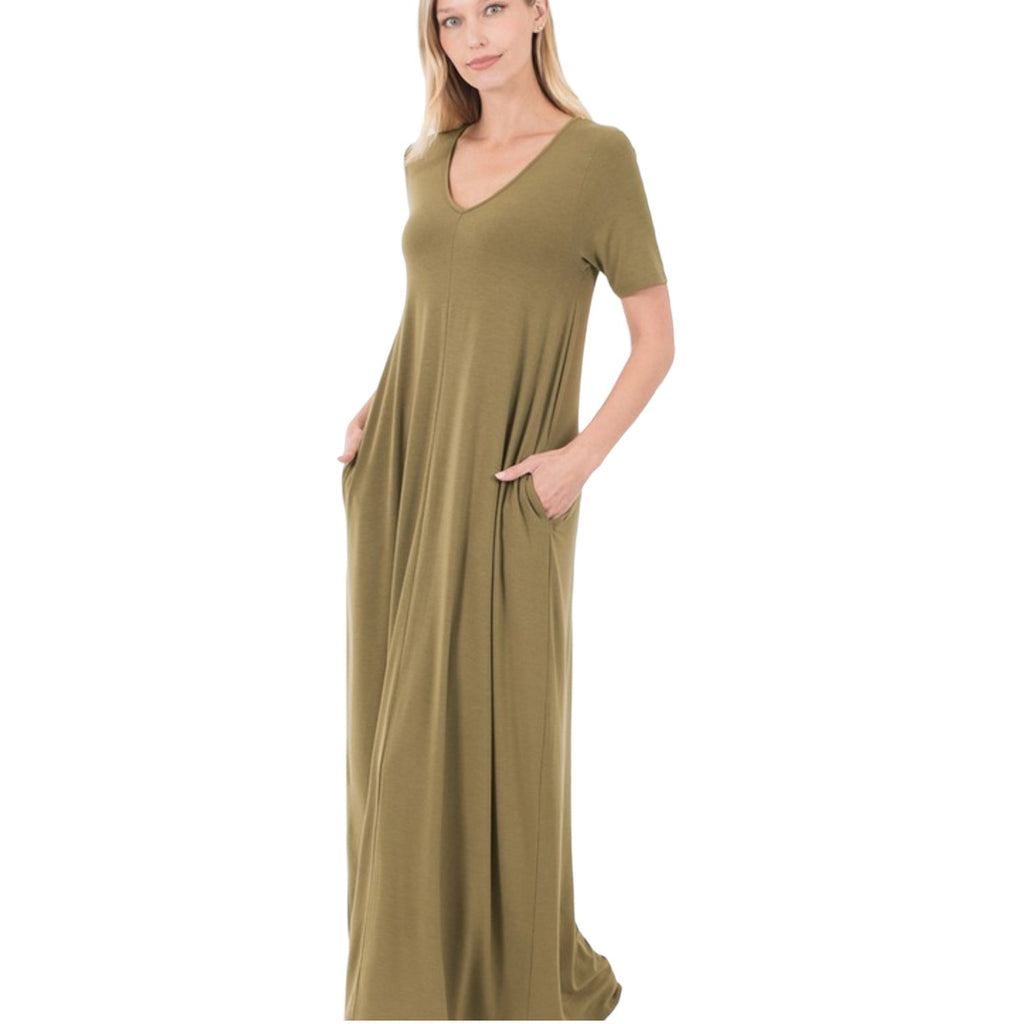 V - Neck Short Sleeve Maxi Dress (3 Colors) - 260 Broadway Boutique