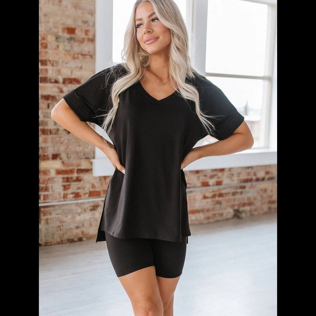 V - Neck Short Sleeve Slit T-Shirt and Shorts Set - 260 Broadway Boutique