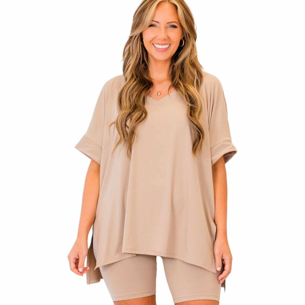 V - Neck Short Sleeve Slit T-Shirt and Shorts Set - 260 Broadway Boutique