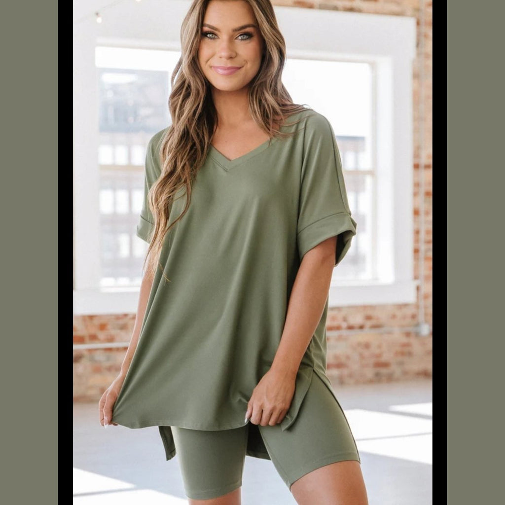 V - Neck Short Sleeve Slit T-Shirt and Shorts Set - 260 Broadway Boutique