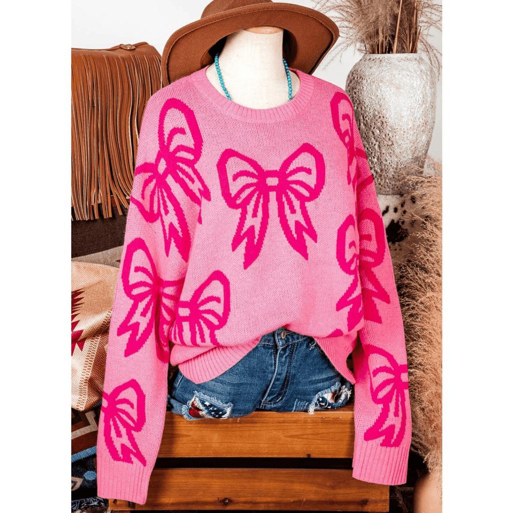 Valentine Bow Pattern Drop Sleeve Loose Sweater - 260 Broadway Boutique