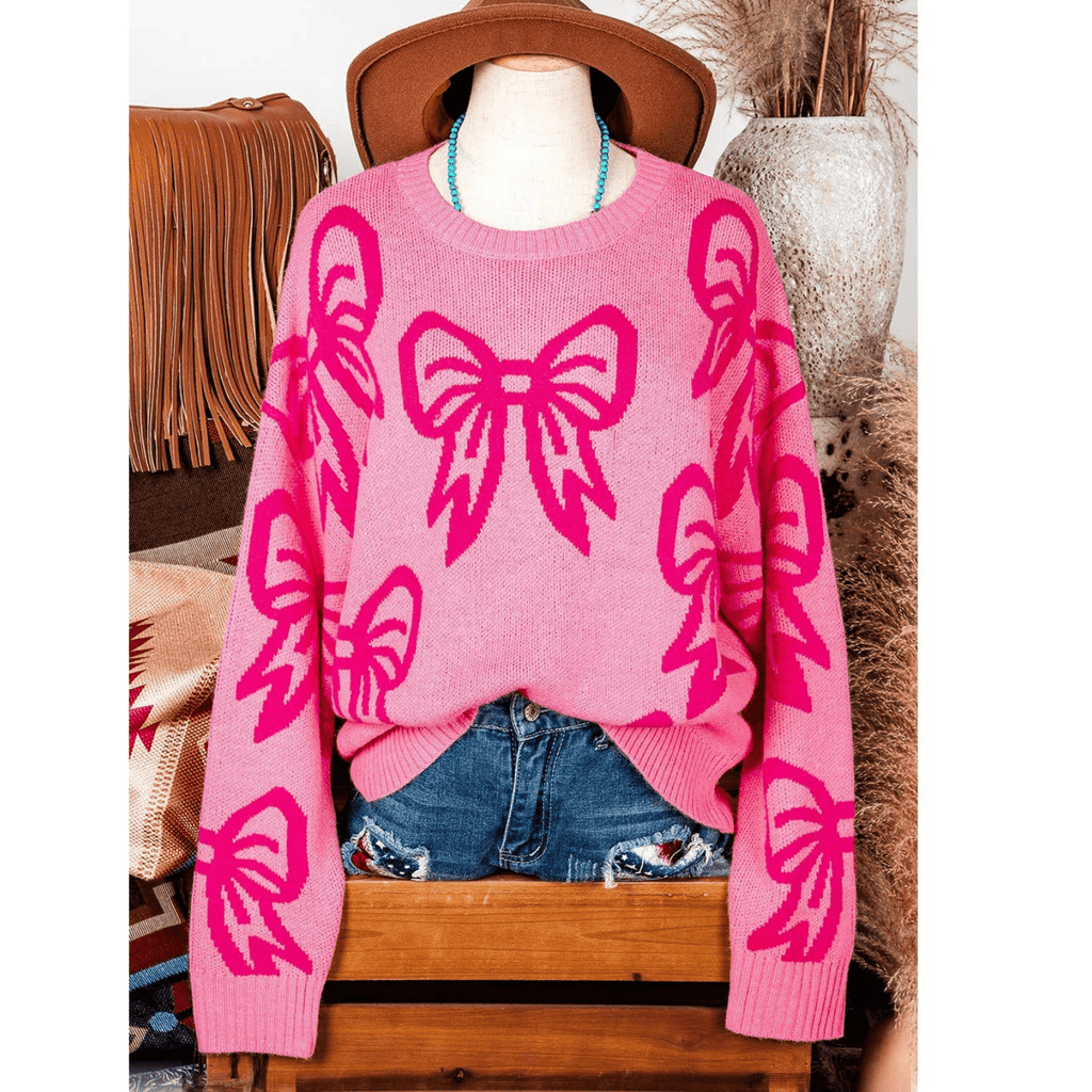 Valentine Bow Pattern Drop Sleeve Loose Sweater - 260 Broadway Boutique