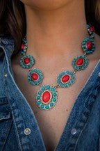 VINTAGE SILVER CLUSTER NECKLACE (Red & Turquoise) - 260 Broadway Boutique