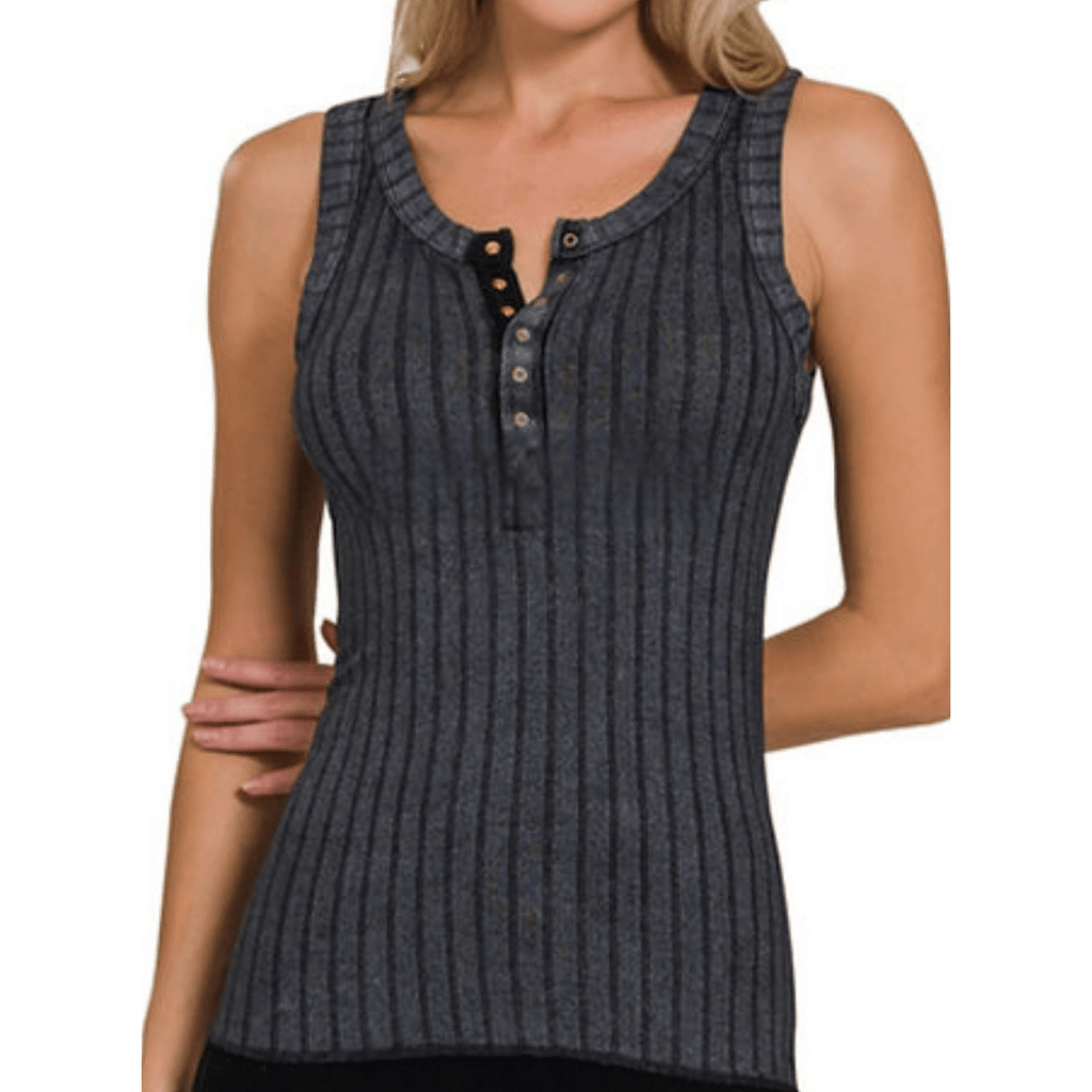 Vintage Wash Henley Ribbed Scoop Neck Tank Top (2 Colors Available) - 260 Broadway Boutique