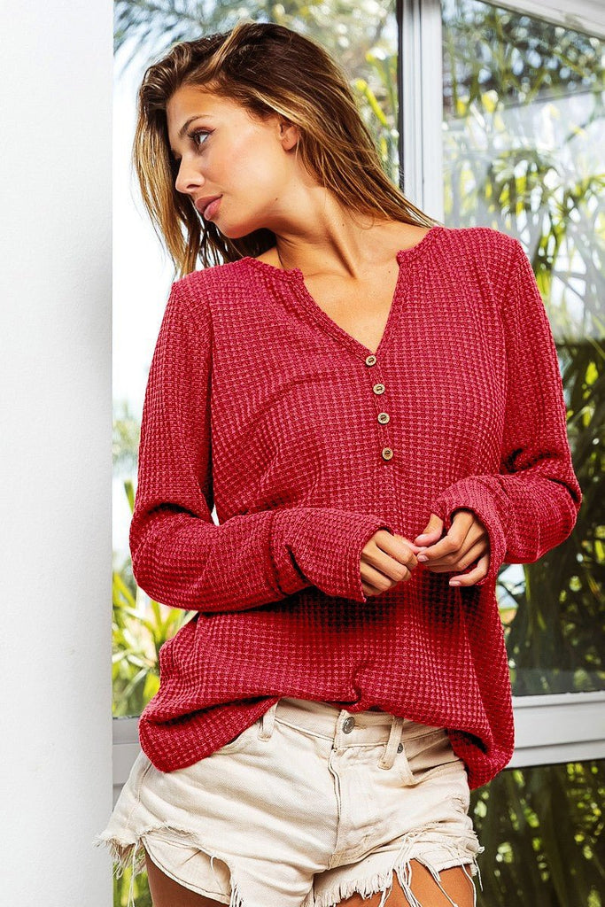 WAFFLE BUTTON DETAIL V NECK TOP (2 Colors) - 260 Broadway Boutique