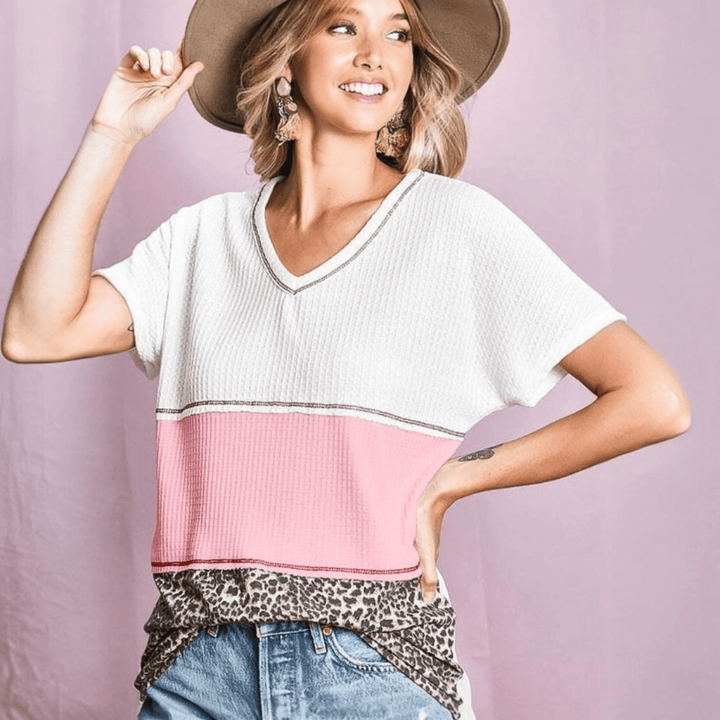 Waffle Knit Colr Block With Leopard And Out (2 Colors) - 260 Broadway Boutique