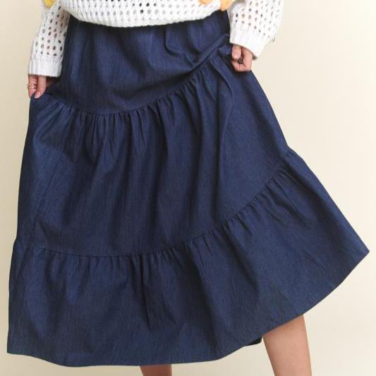 Waist Band Tiered Denim Maxi Skirt - 260 Broadway Boutique