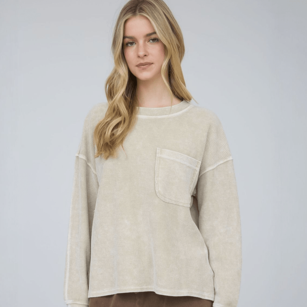 Washed Pocket Detail Long Sleeve Rib Knit Top - 260 Broadway Boutique