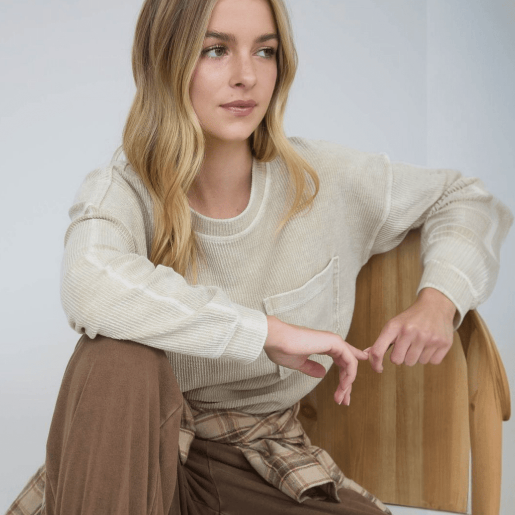 Washed Pocket Detail Long Sleeve Rib Knit Top - 260 Broadway Boutique