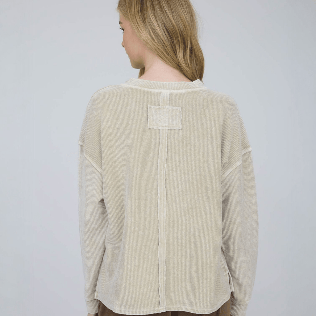 Washed Pocket Detail Long Sleeve Rib Knit Top - 260 Broadway Boutique