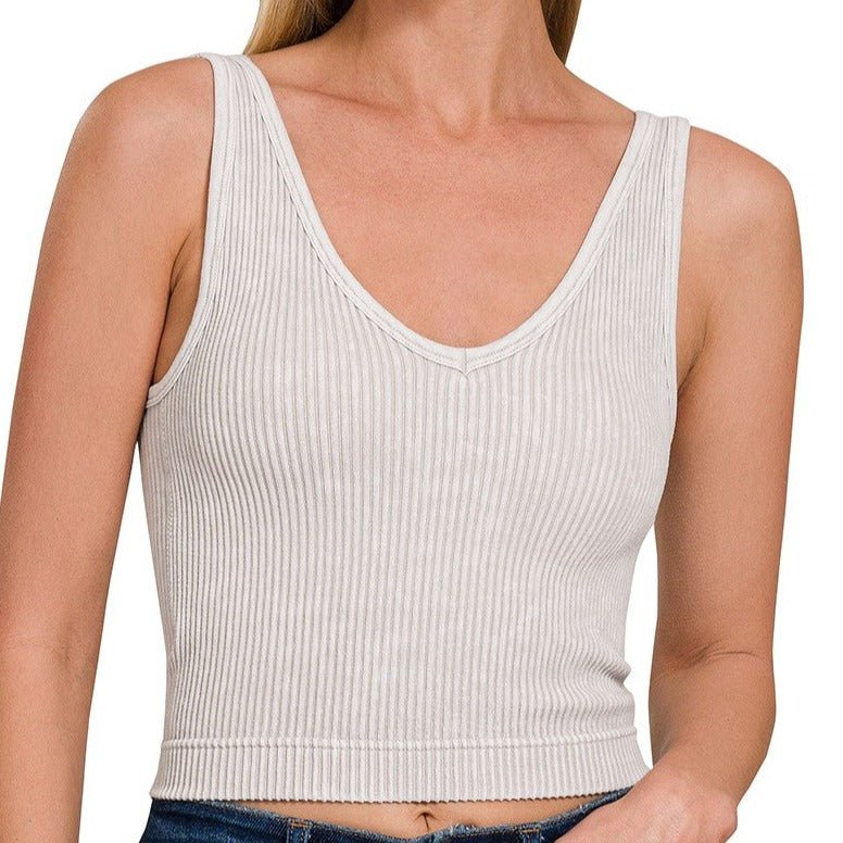 Washed Ribbed Cropped Padded Bra V - Neck Tank (2 Colors) - 260 Broadway Boutique