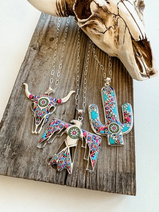 Western Pendant Necklace - Thunderbird | Steer | Cactus - 260 Broadway Boutique