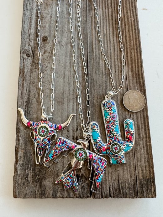 Western Pendant Necklace - Thunderbird | Steer | Cactus - 260 Broadway Boutique