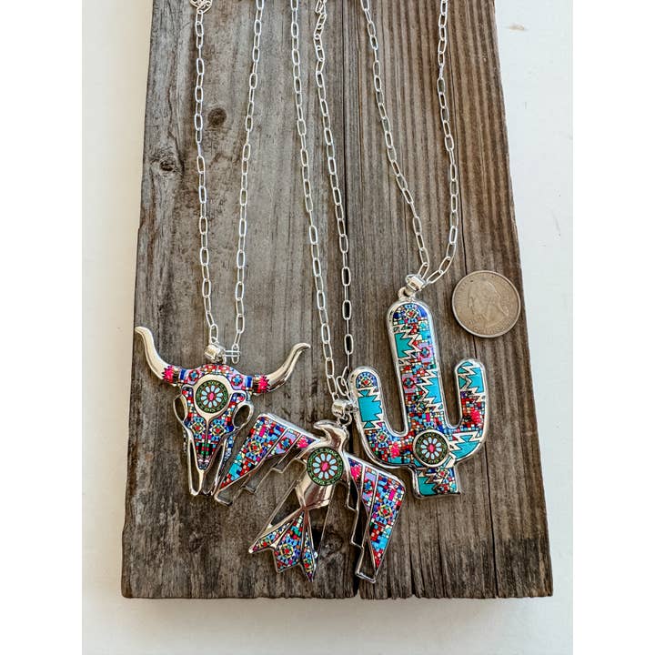 Western Pendant Necklace - Thunderbird | Steer | Cactus - 260 Broadway Boutique