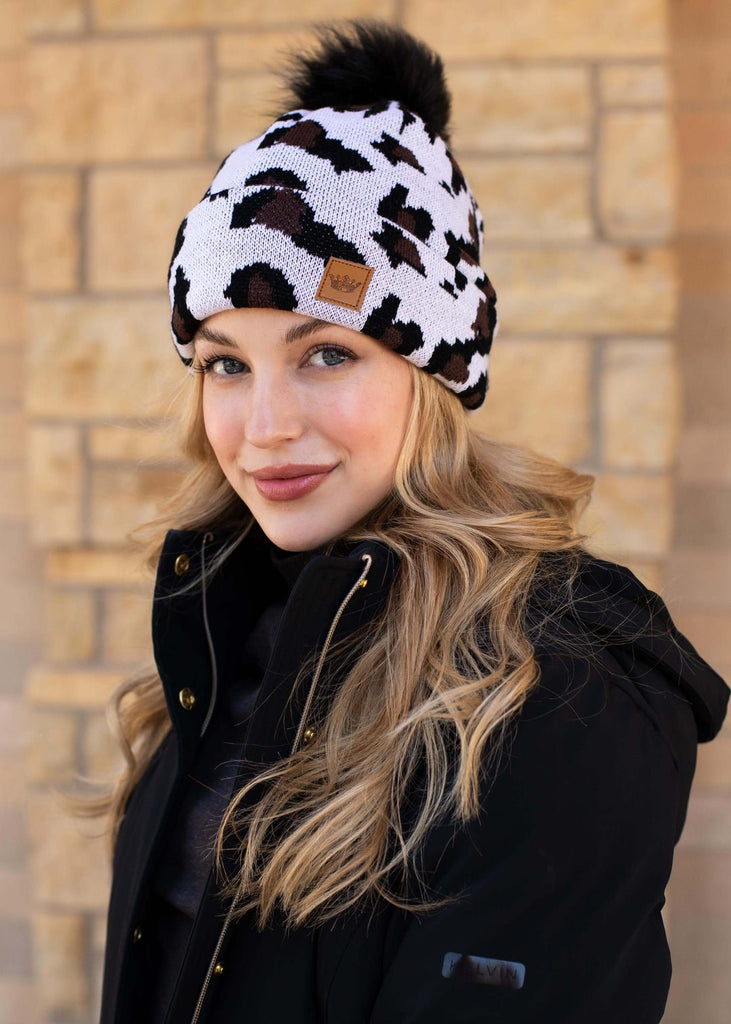 White Leopard Print Knit Hat - 260 Broadway Boutique